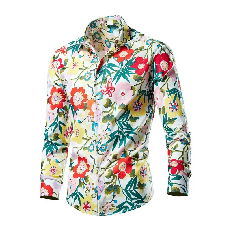 Men's Long Sleeve Lapel Shirt Black Floral Pattern - Image 6