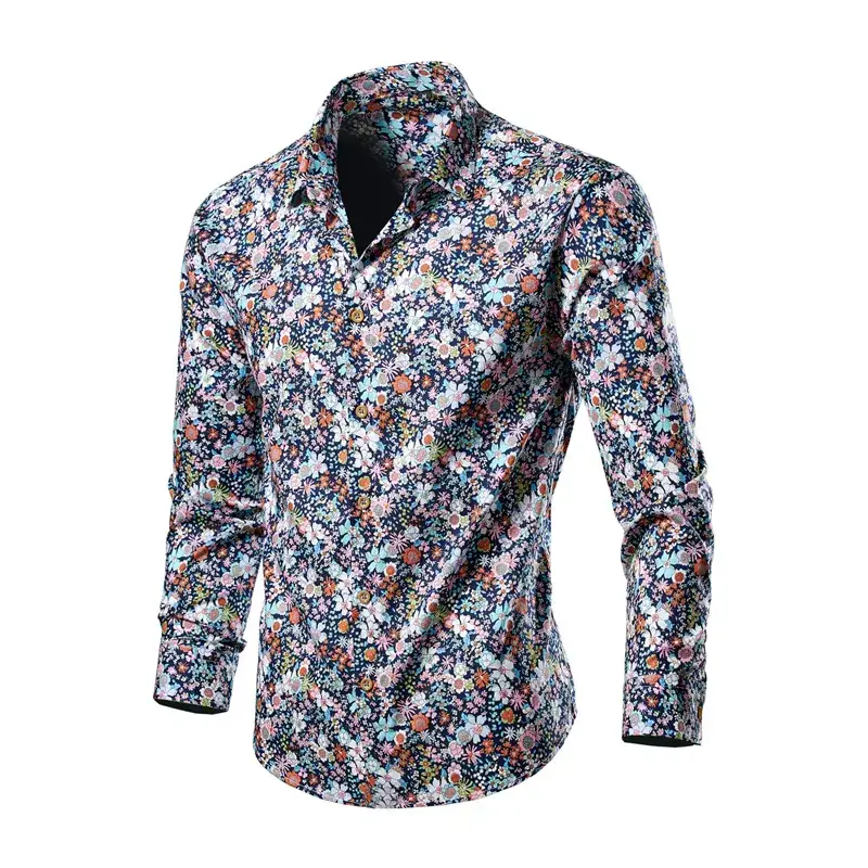 Men's Long Sleeve Lapel Shirt Black Floral Pattern - Image 9