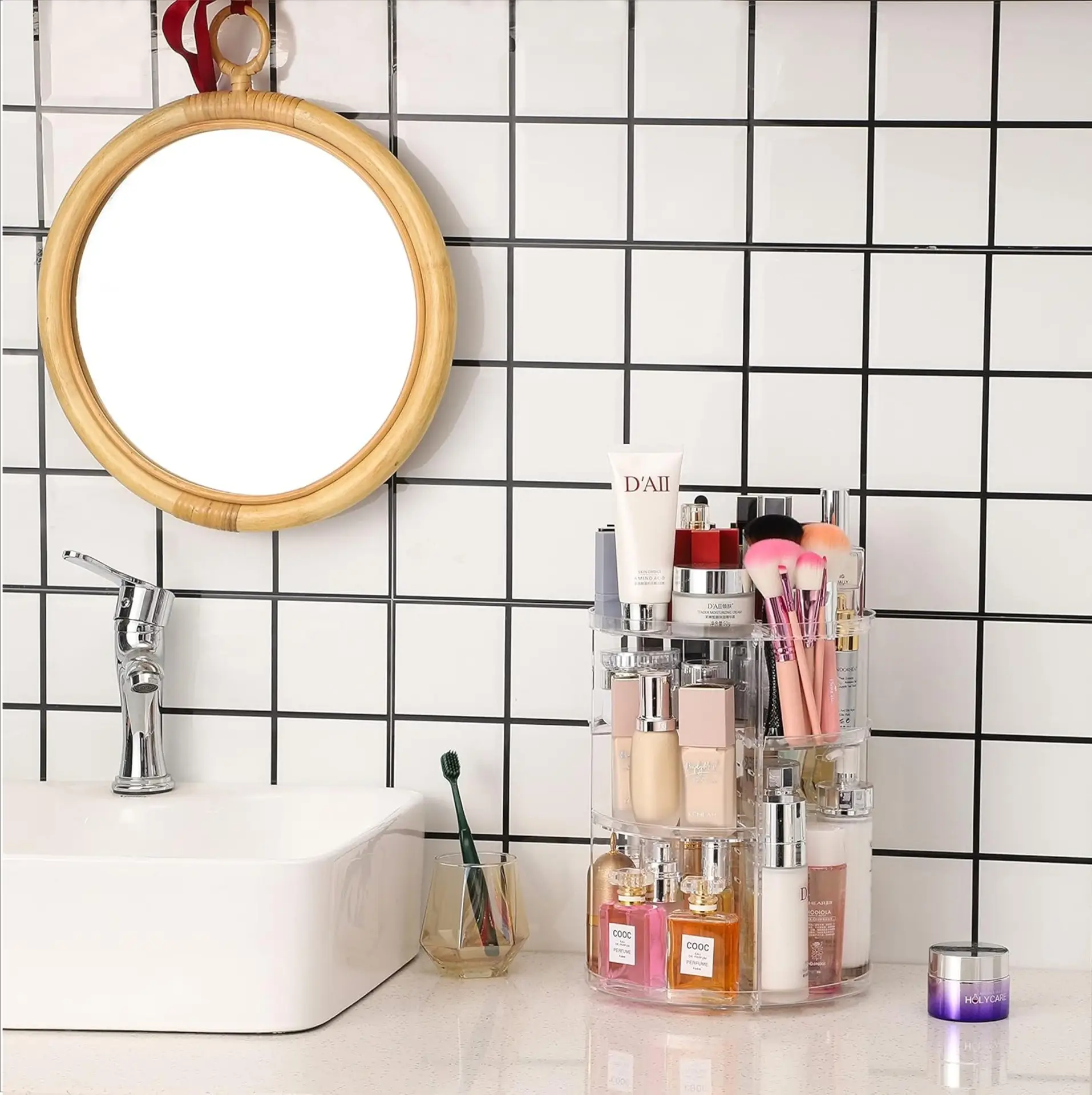 Transparent Rotating Cosmetic Storage Rack with 24K Gold Accents