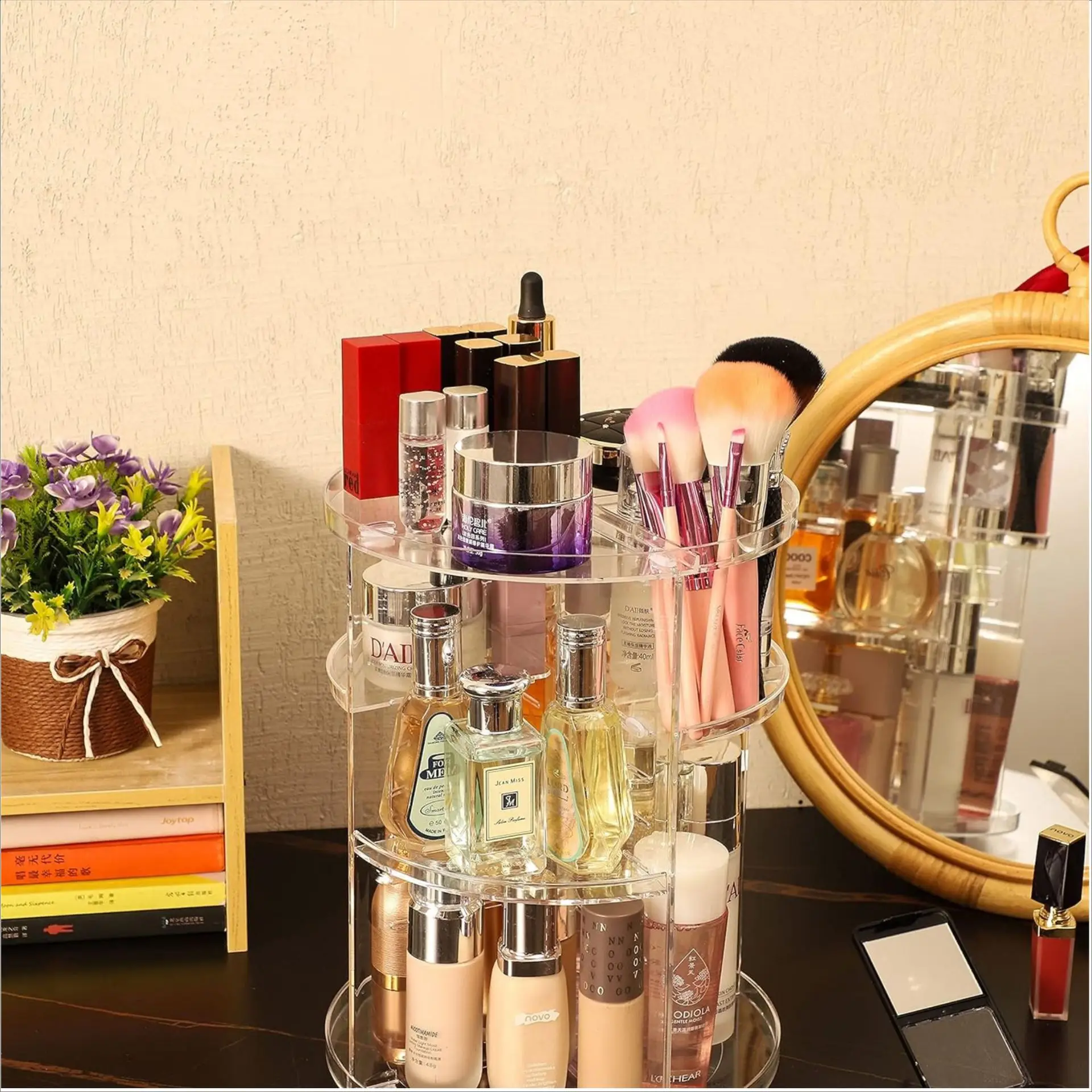 Transparent Rotating Cosmetic Storage Rack with 24K Gold Accents
