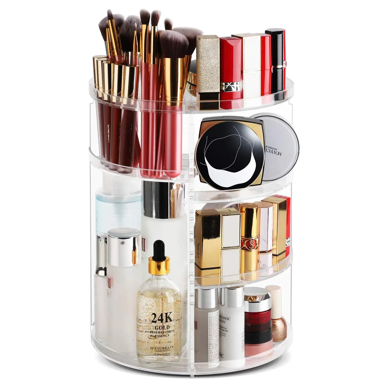Transparent Rotating Cosmetic Storage Rack with 24K Gold Accents