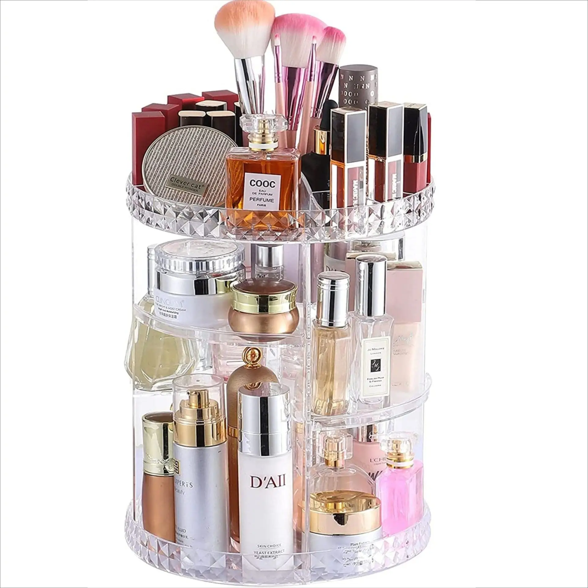 Transparent Rotating Cosmetic Storage Rack with 24K Gold Accents