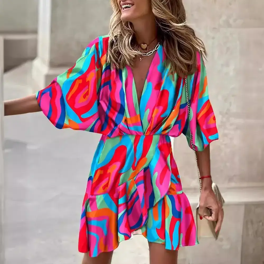2025 Bat Sleeve V-Neck Irregular Dress Women's Wear Black - Image 8