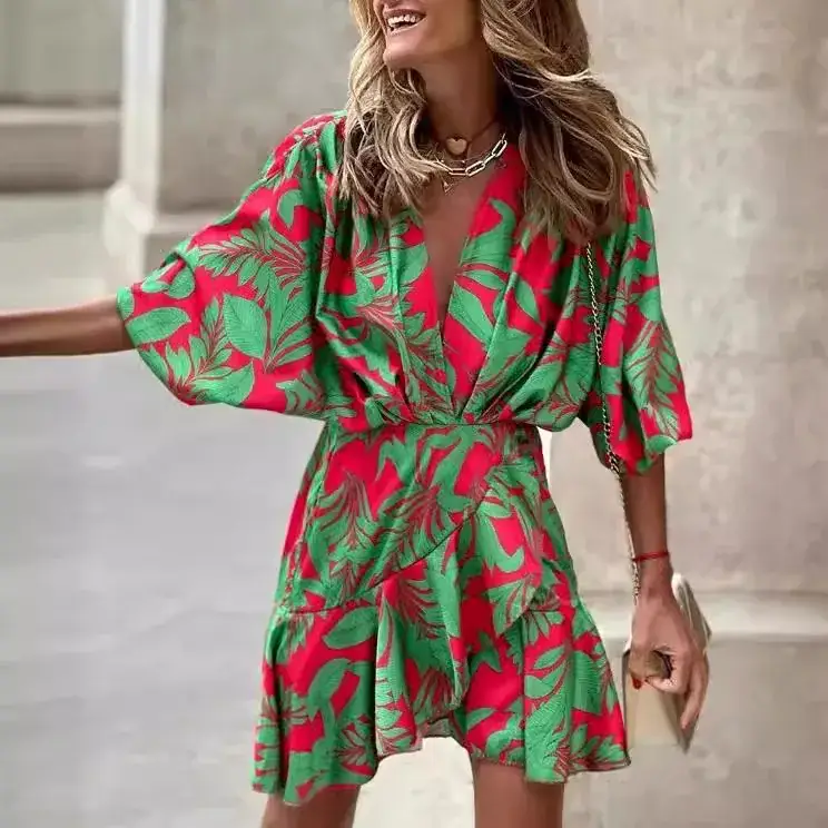 2025 Bat Sleeve V-Neck Irregular Dress Women's Wear Black - Image 9