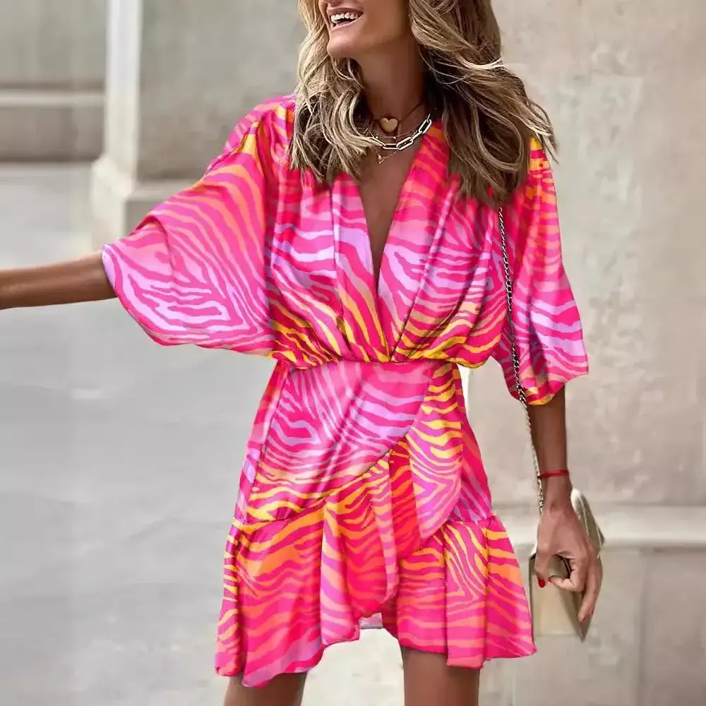 2025 Bat Sleeve V-Neck Irregular Dress Women's Wear Black - Image 10