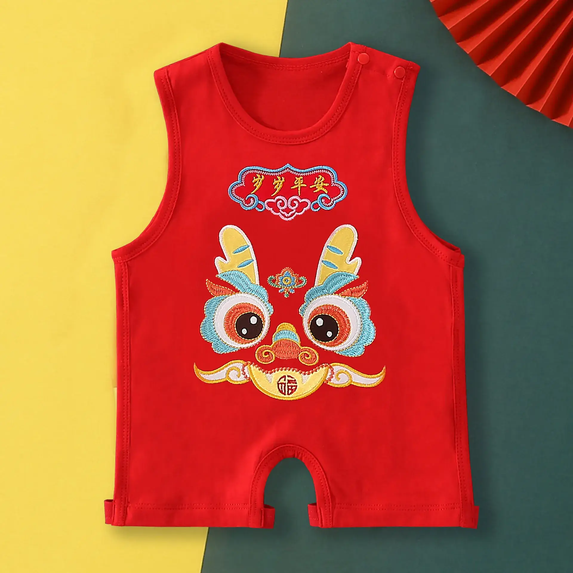 Red Dragon Embroidered Baby One-Year Sleeveless Dress - Image 4