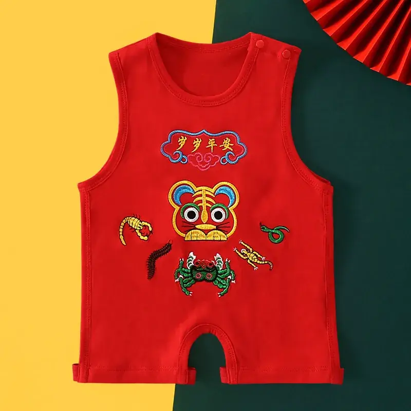 Red Dragon Embroidered Baby One-Year Sleeveless Dress - Image 2