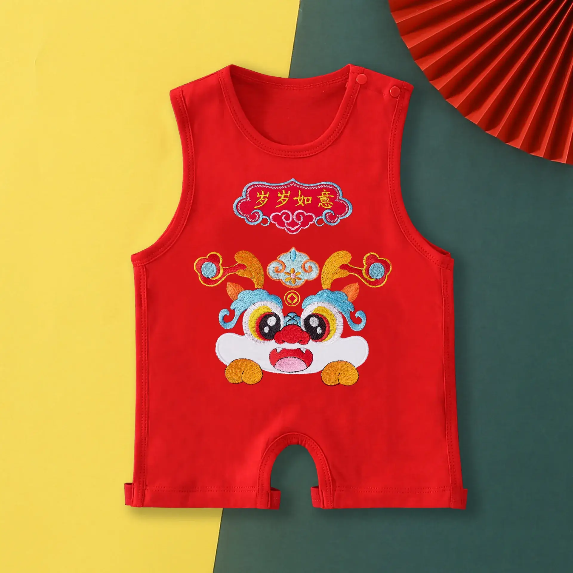 Red Dragon Embroidered Baby One-Year Sleeveless Dress - Image 3