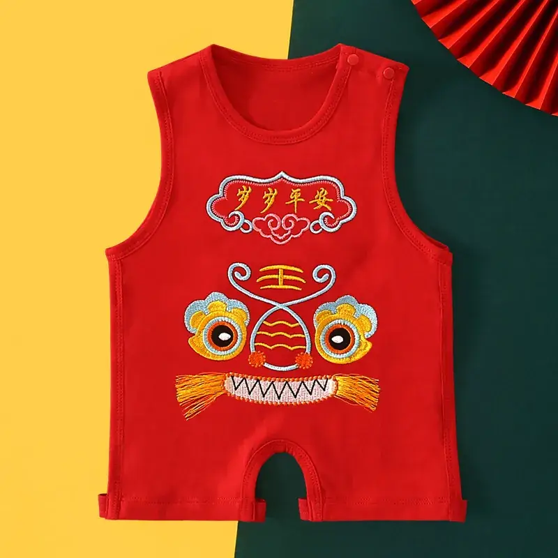 Red Dragon Embroidered Baby One-Year Sleeveless Dress - Image 5