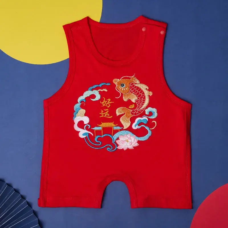 Red Dragon Embroidered Baby One-Year Sleeveless Dress - Image 6