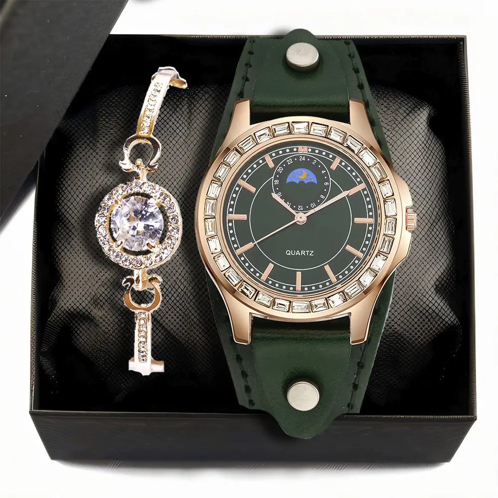 Ladies Quartz Watch Set Green Strap Diamond Bracelet