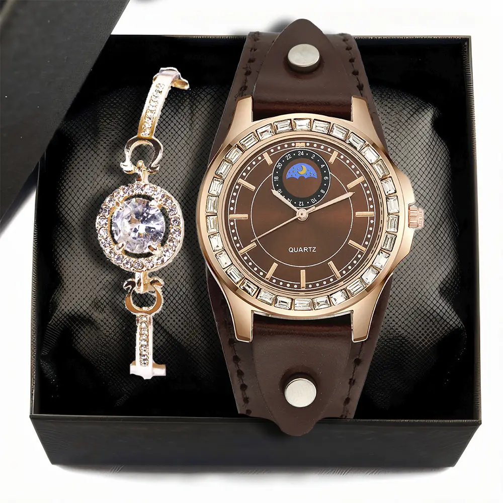 Ladies Quartz Watch Set Green Strap Diamond Bracelet