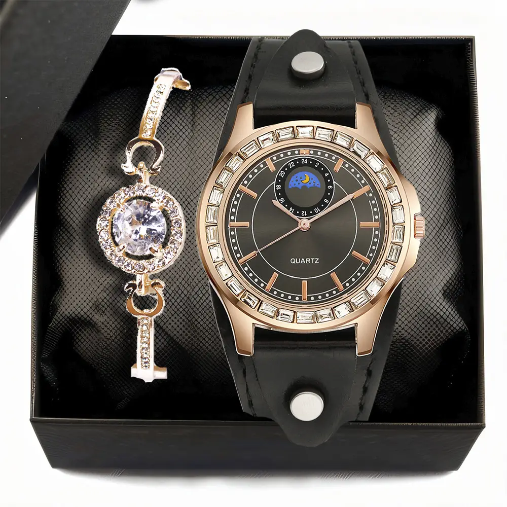 Ladies Quartz Watch Set Green Strap Diamond Bracelet