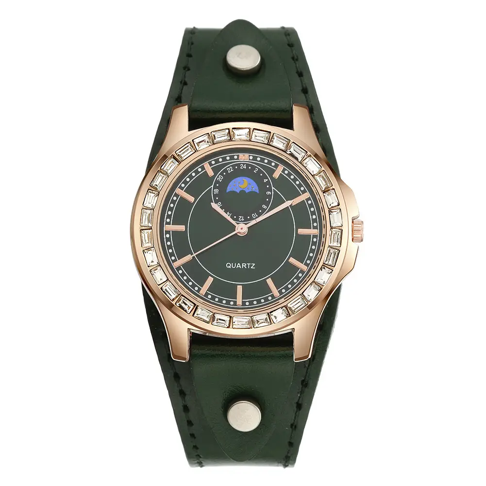 Ladies Quartz Watch Set Green Strap Diamond Bracelet