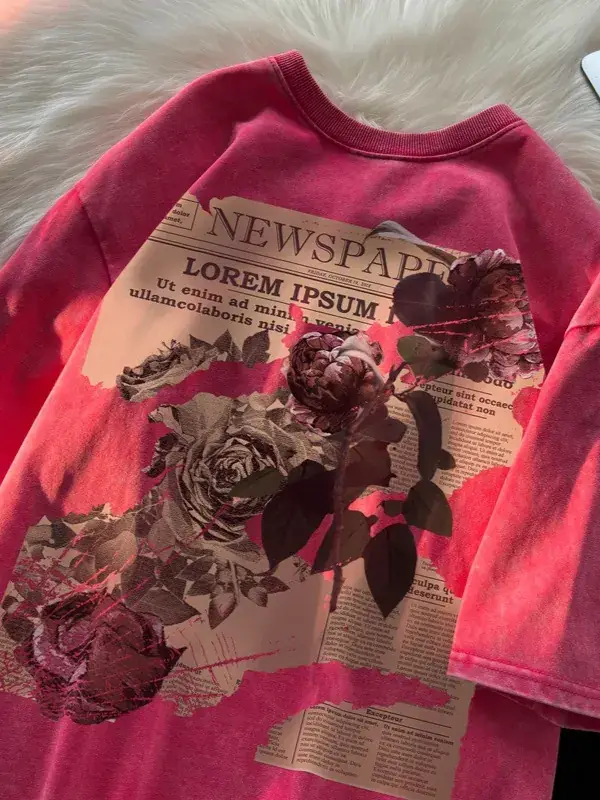 Pink Rose Print Oversized T-Shirt for Men Women - Image 7