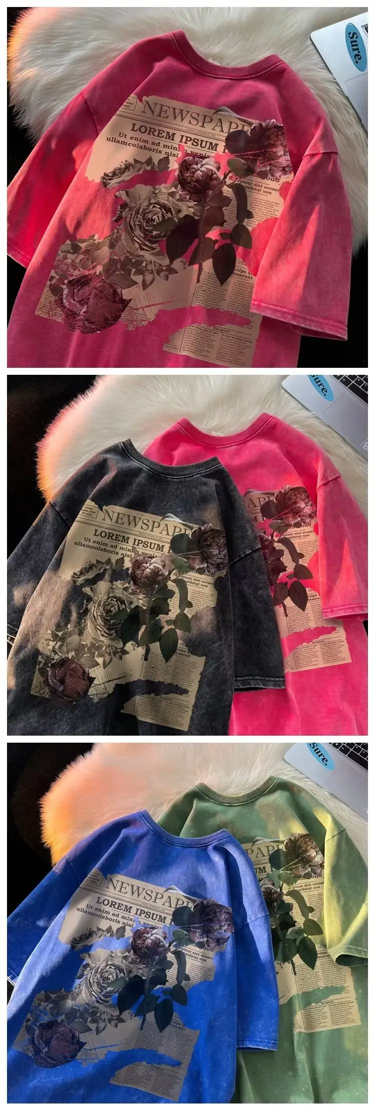 Pink Rose Print Oversized T-Shirt for Men Women — feature 5