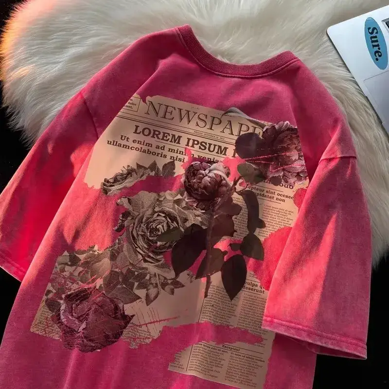 Pink Rose Print Oversized T-Shirt for Men Women - Image 3