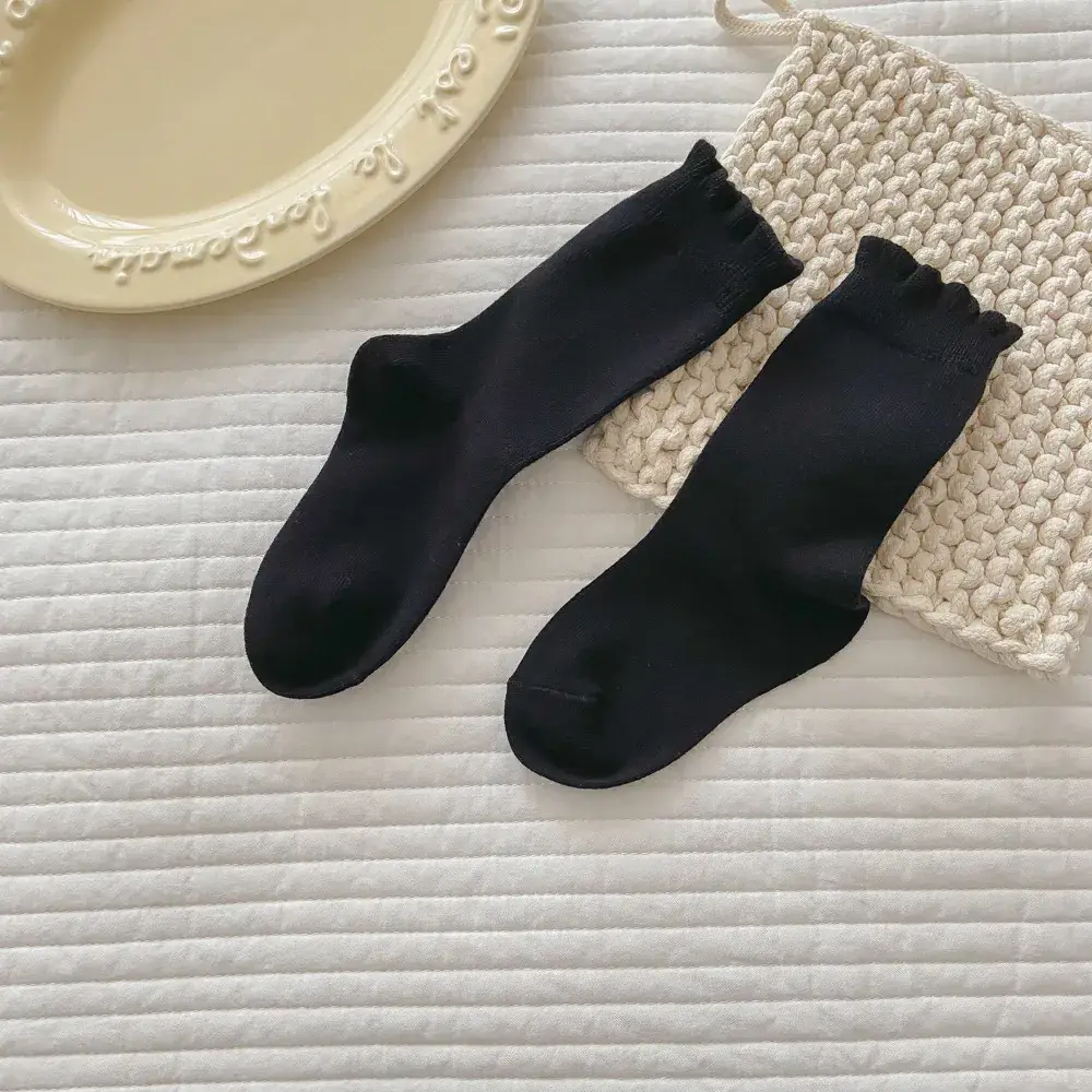 Kids Korean Wave Dot Cherry Lace Socks Black White