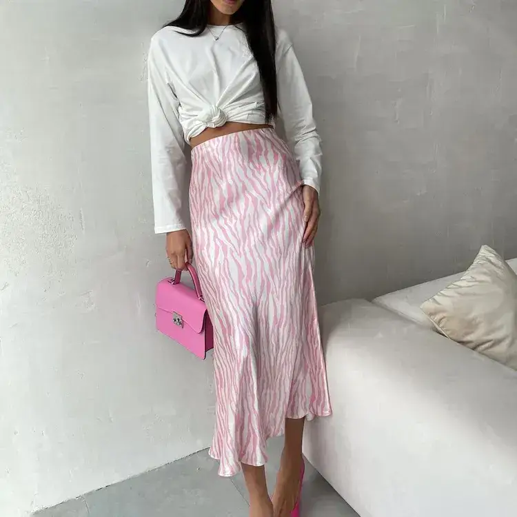 Pink Zebra Print Fishtail Skirt Mid Length Women