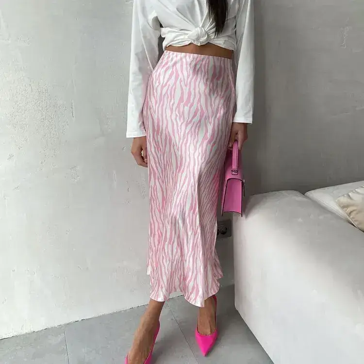 Pink Zebra Print Fishtail Skirt Mid Length Women