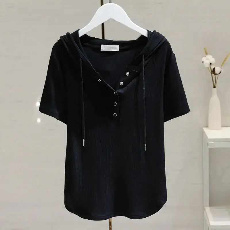 White Hooded T-Shirt Women 2025 Summer Loose Fit - Image 4