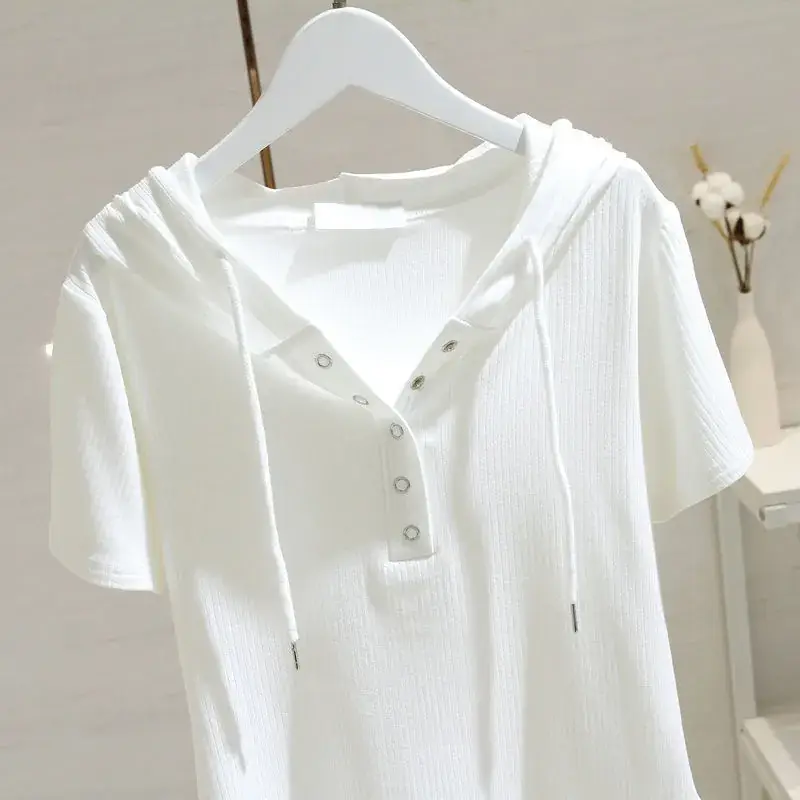White Hooded T-Shirt Women 2025 Summer Loose Fit - Image 5