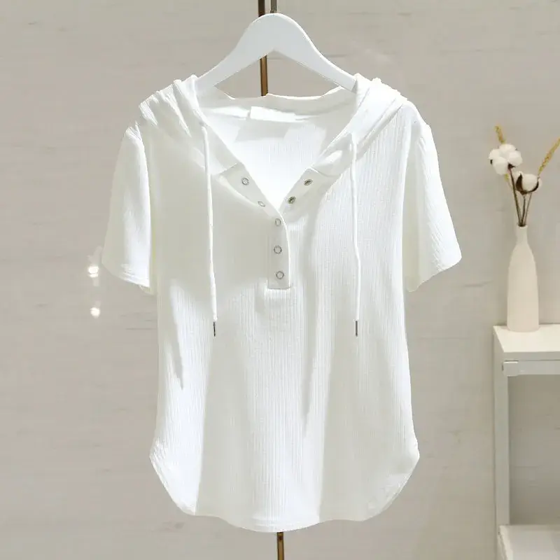 White Hooded T-Shirt Women 2025 Summer Loose Fit - Image 6