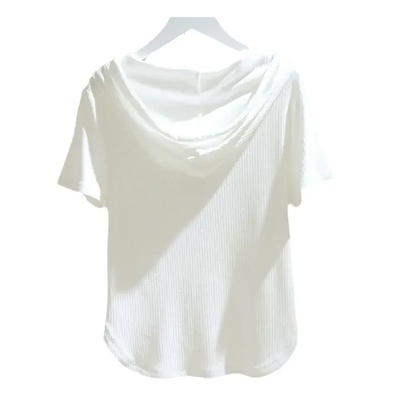 White Hooded T-Shirt Women 2025 Summer Loose Fit - Image 7