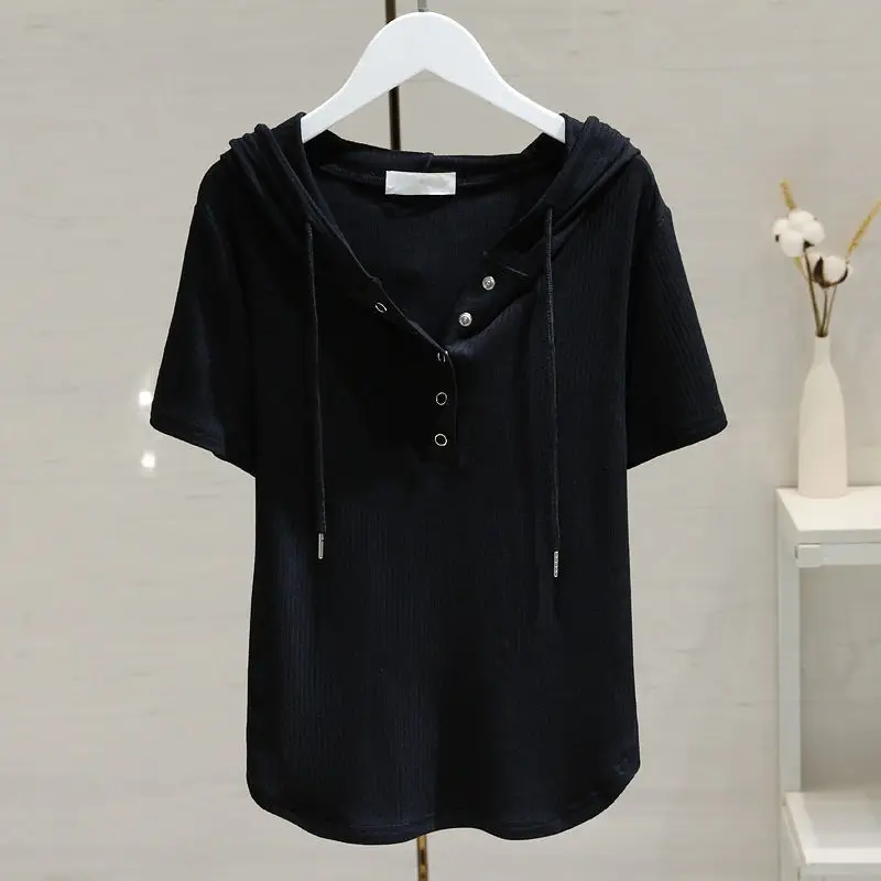 White Hooded T-Shirt Women 2025 Summer Loose Fit — feature 1