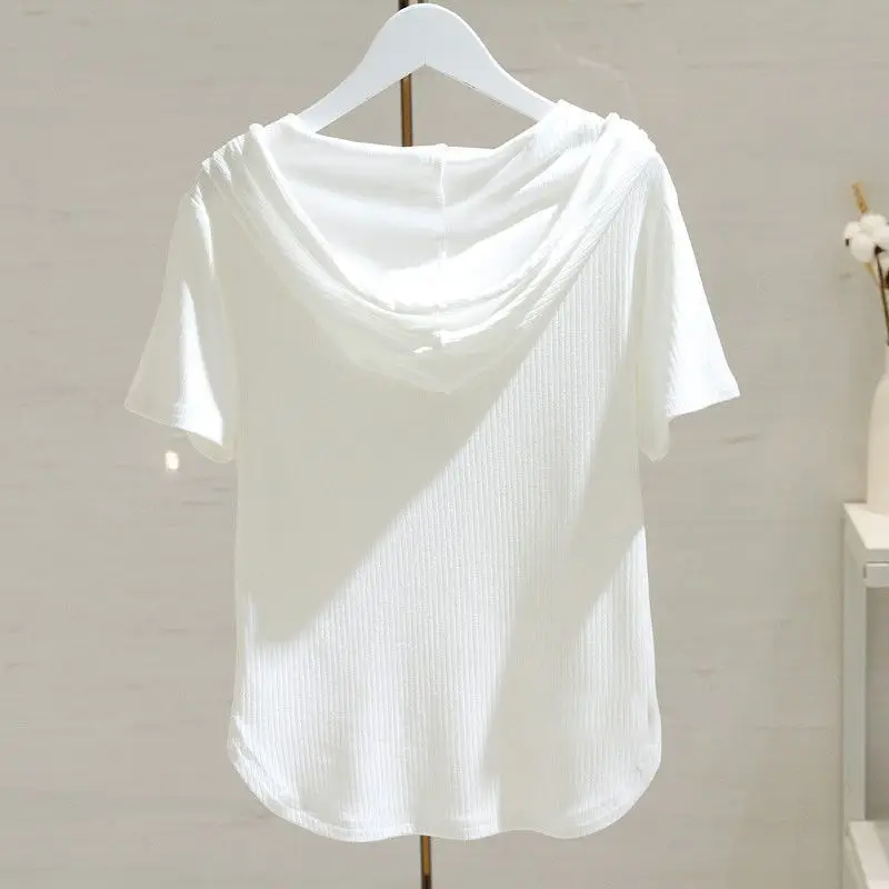 White Hooded T-Shirt Women 2025 Summer Loose Fit — feature 15