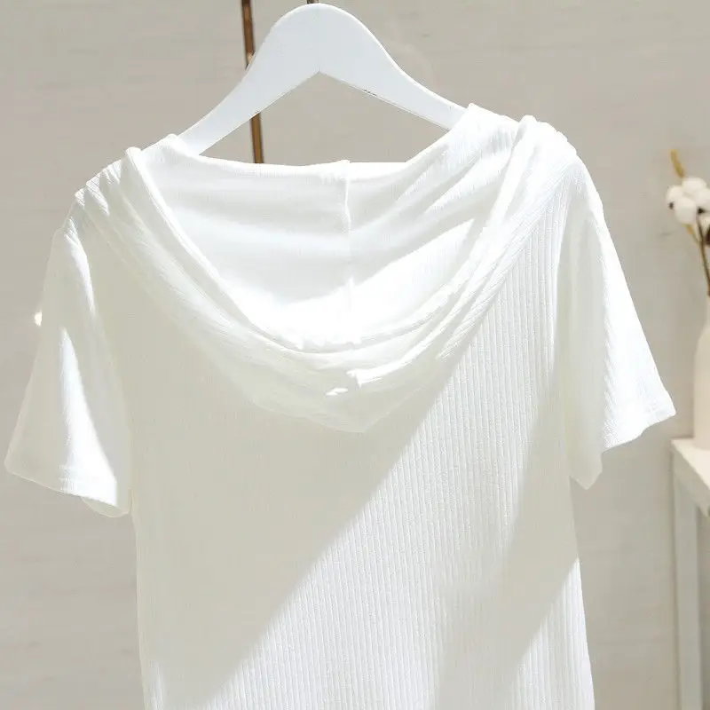 White Hooded T-Shirt Women 2025 Summer Loose Fit — feature 17