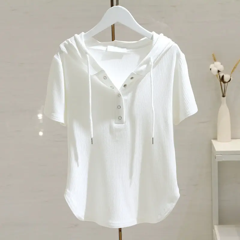 White Hooded T-Shirt Women 2025 Summer Loose Fit — feature 2