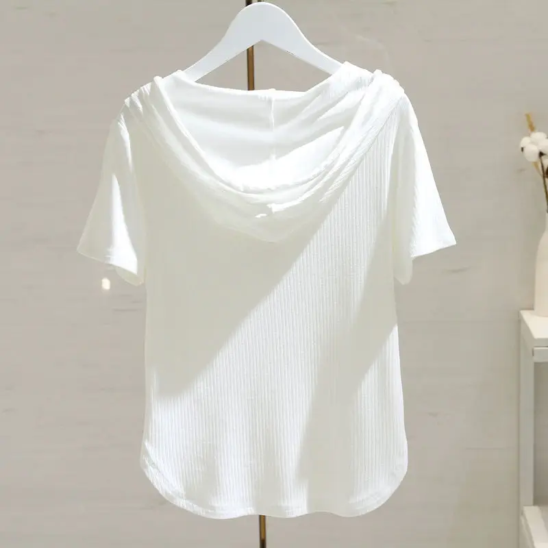 White Hooded T-Shirt Women 2025 Summer Loose Fit — feature 7