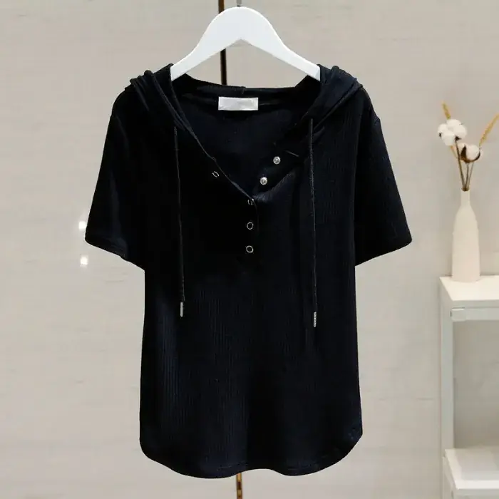 White Hooded T-Shirt Women 2025 Summer Loose Fit - Image 2