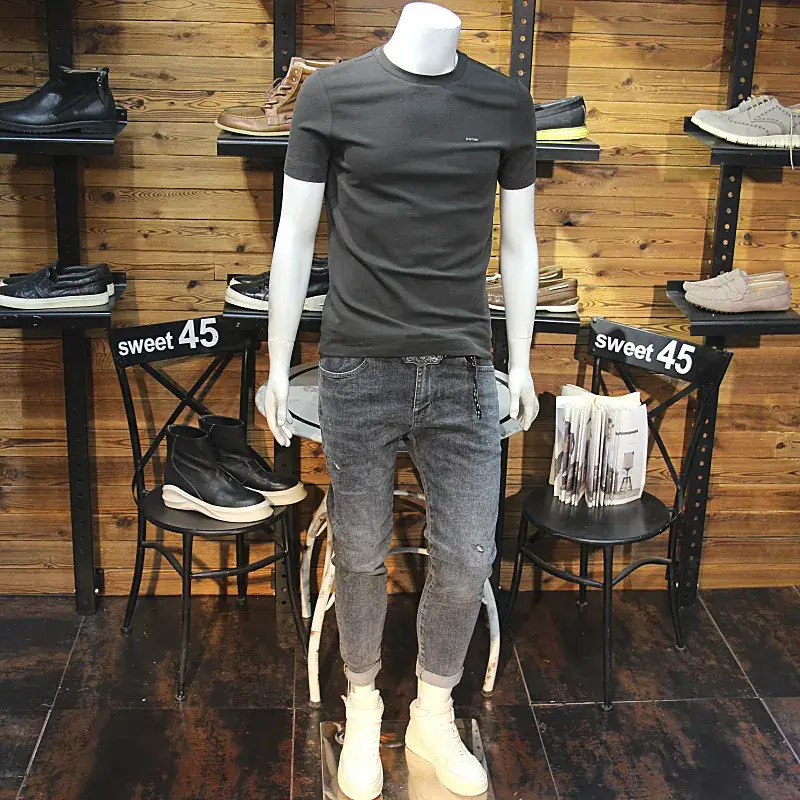 Men Black Slim Fit T-Shirt with Grey Jeans Set - Image 2