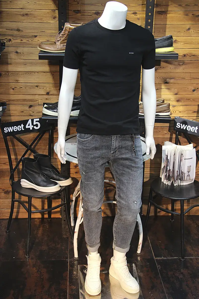 Men Black Slim Fit T-Shirt with Grey Jeans Set — feature 11