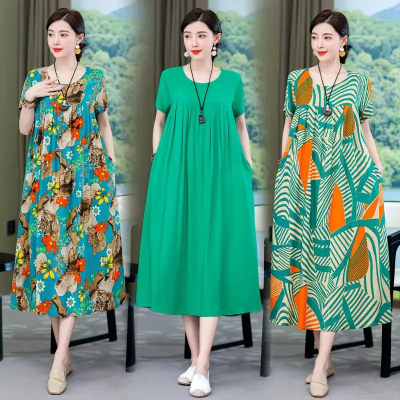 2023 New High-End Floral Cotton Silk Dress Women Summer Elegant Mother Belly Cover Plus Size - Image 51