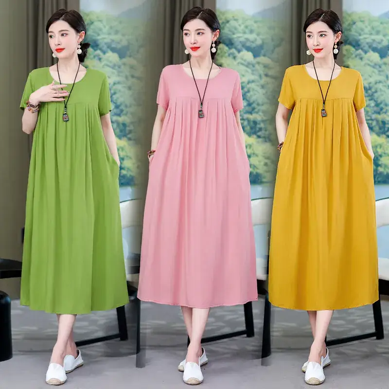 2023 New High-End Floral Cotton Silk Dress Women Summer Elegant Mother Belly Cover Plus Size - Image 52