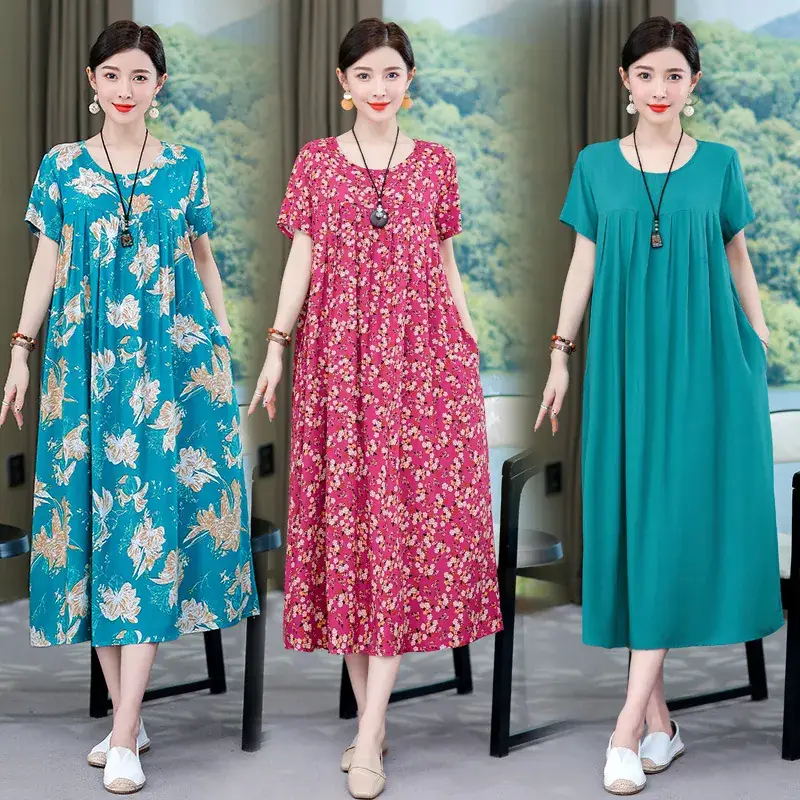2023 New High-End Floral Cotton Silk Dress Women Summer Elegant Mother Belly Cover Plus Size - Image 53