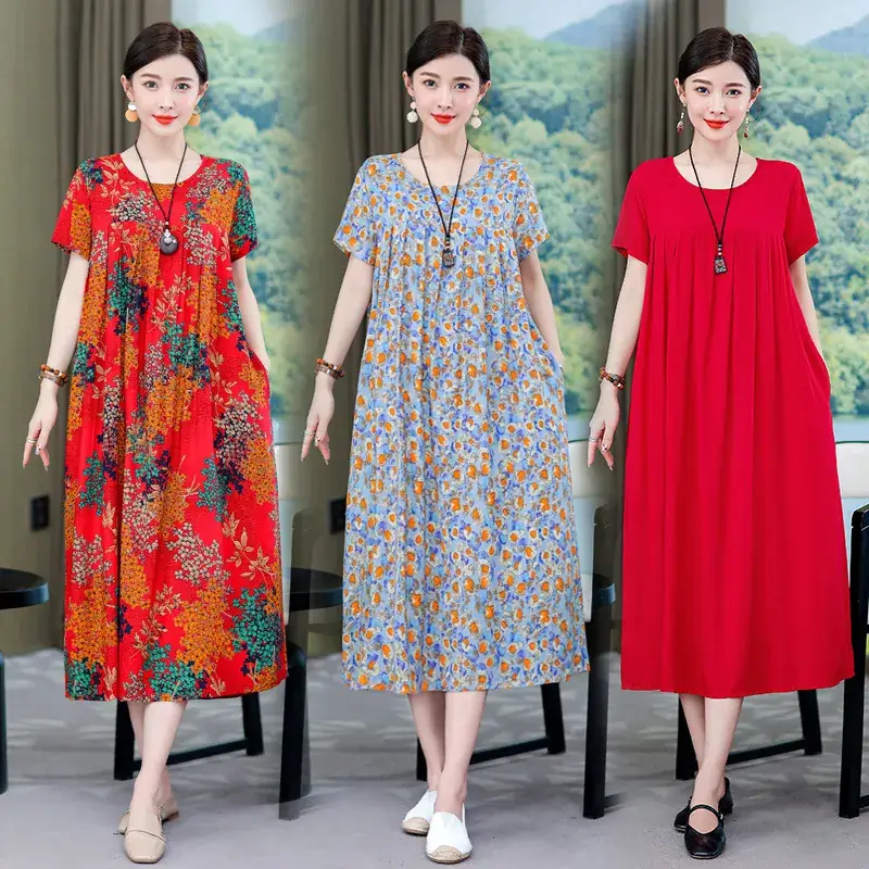 2023 New High-End Floral Cotton Silk Dress Women Summer Elegant Mother Belly Cover Plus Size - Image 54