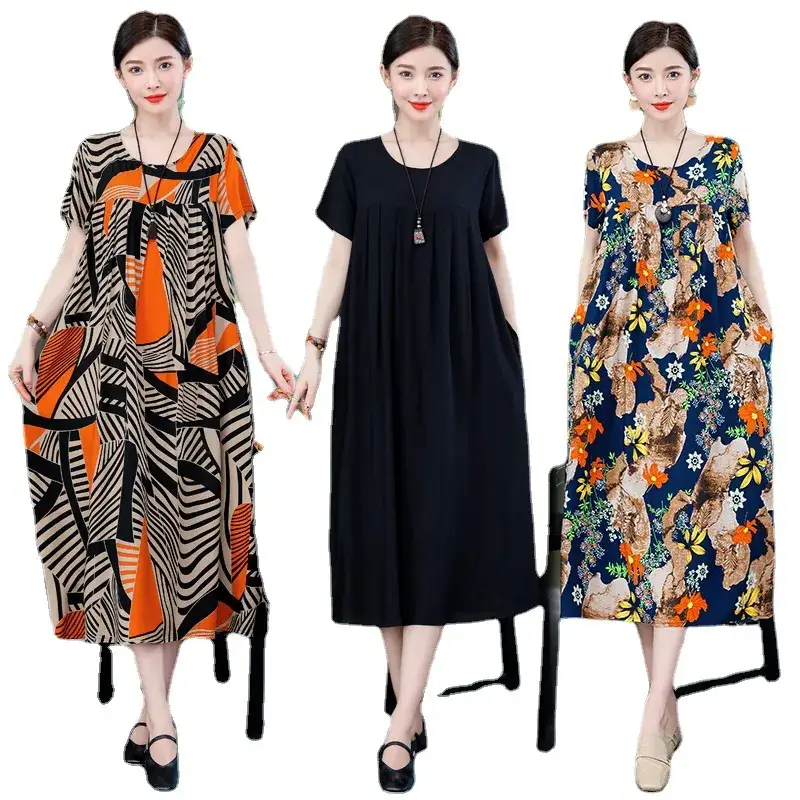 2023 New High-End Floral Cotton Silk Dress Women Summer Elegant Mother Belly Cover Plus Size - Image 55