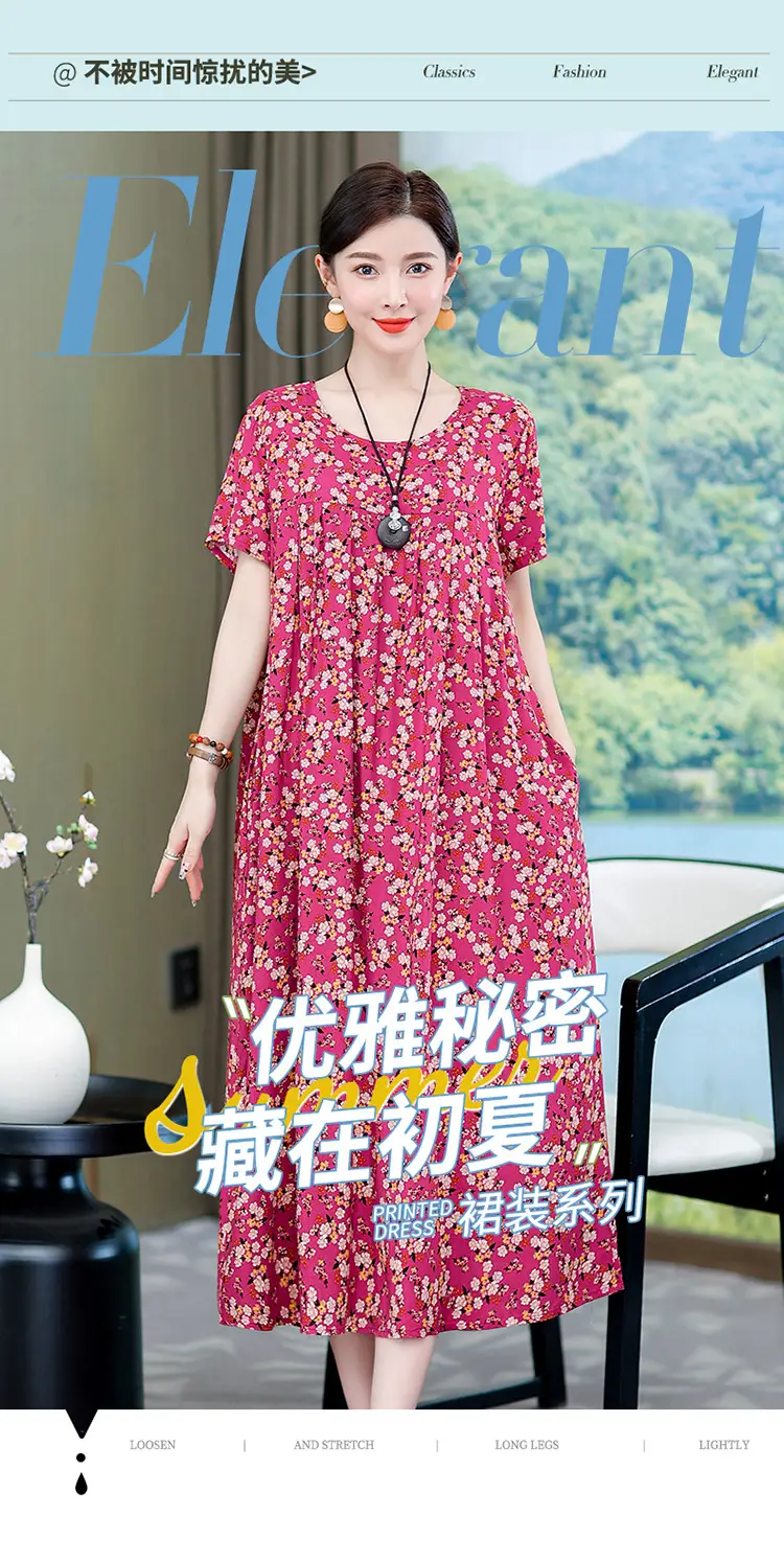 2023 New High-End Floral Cotton Silk Dress Women Summer Elegant Mother Belly Cover Plus Size — feature 1