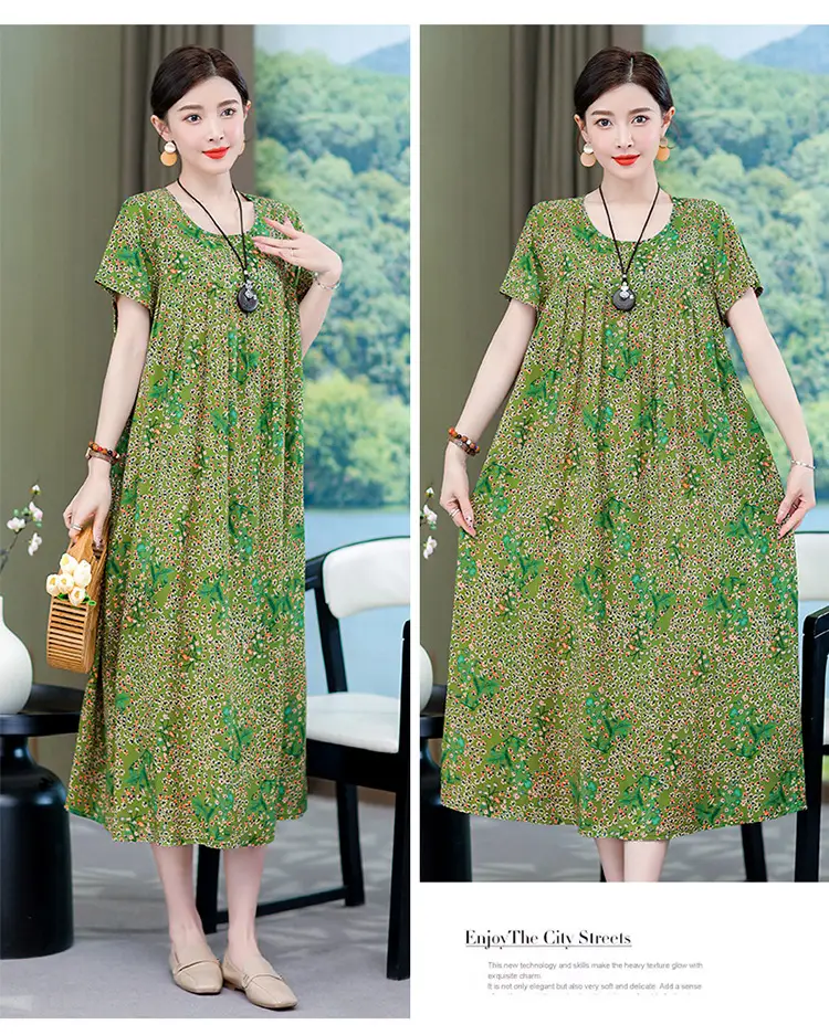 2023 New High-End Floral Cotton Silk Dress Women Summer Elegant Mother Belly Cover Plus Size — feature 12
