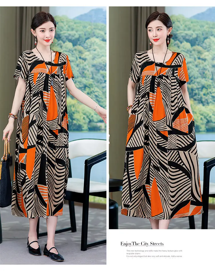 2023 New High-End Floral Cotton Silk Dress Women Summer Elegant Mother Belly Cover Plus Size — feature 13