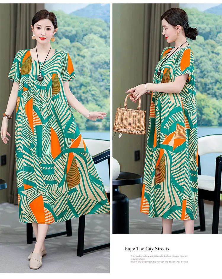 2023 New High-End Floral Cotton Silk Dress Women Summer Elegant Mother Belly Cover Plus Size — feature 14
