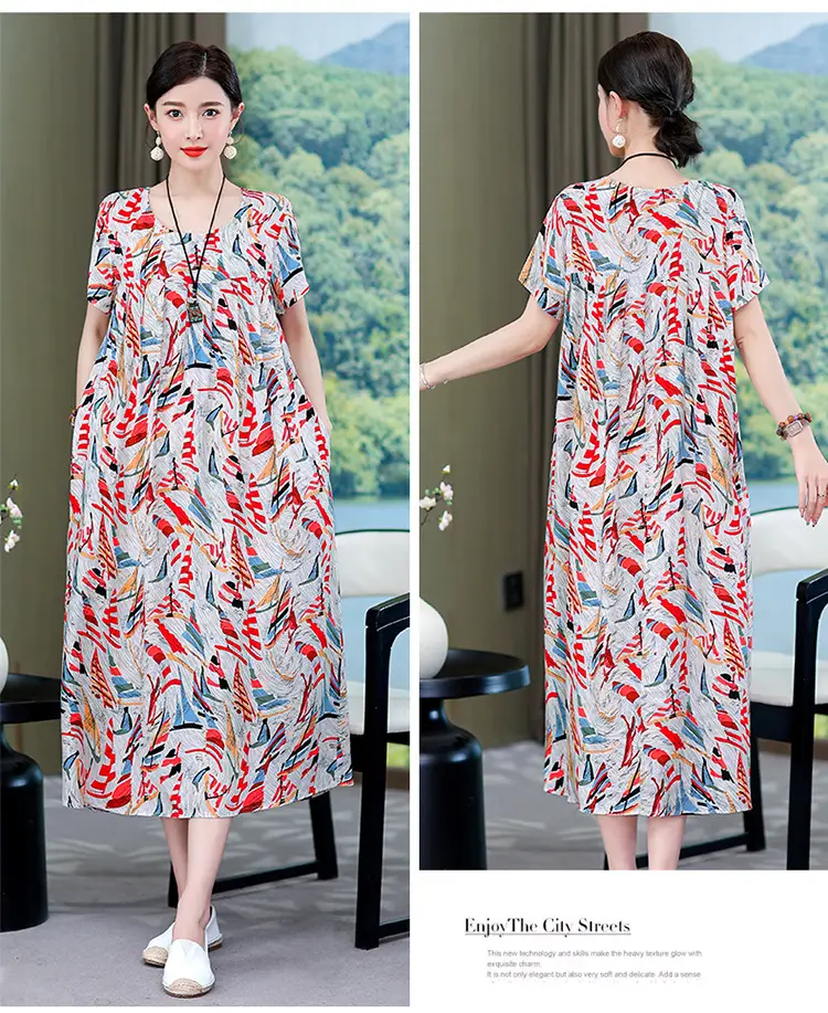 2023 New High-End Floral Cotton Silk Dress Women Summer Elegant Mother Belly Cover Plus Size — feature 15