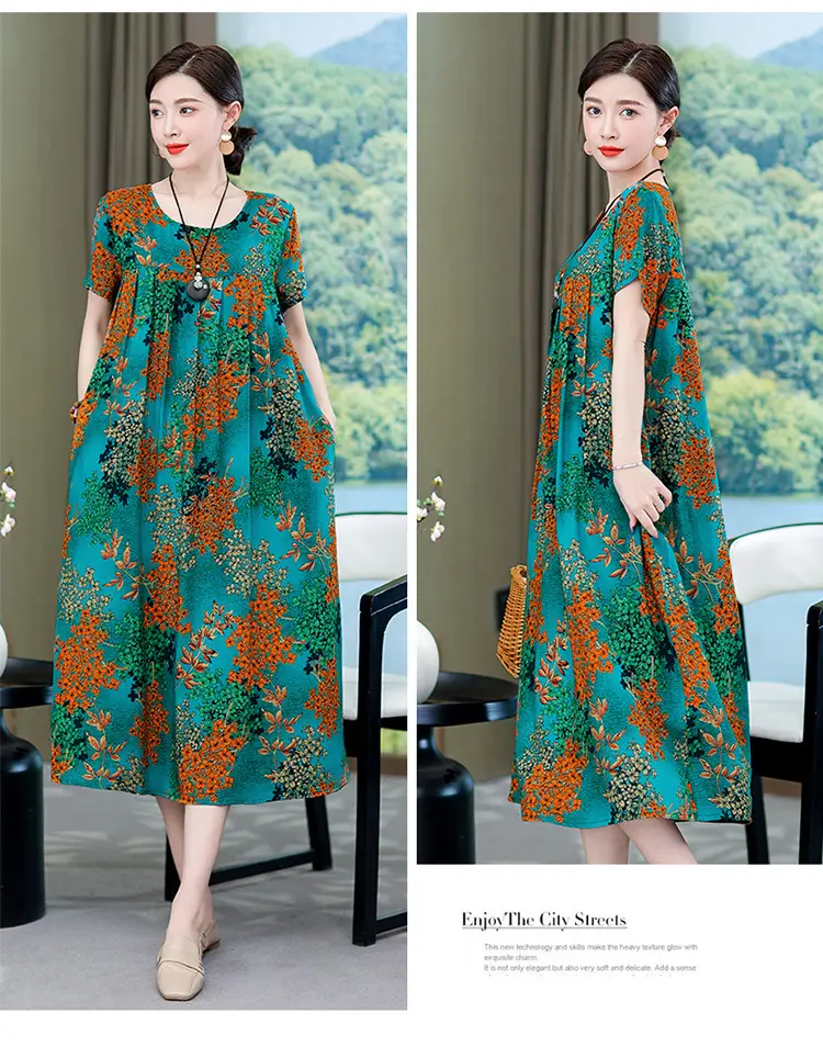 2023 New High-End Floral Cotton Silk Dress Women Summer Elegant Mother Belly Cover Plus Size — feature 16