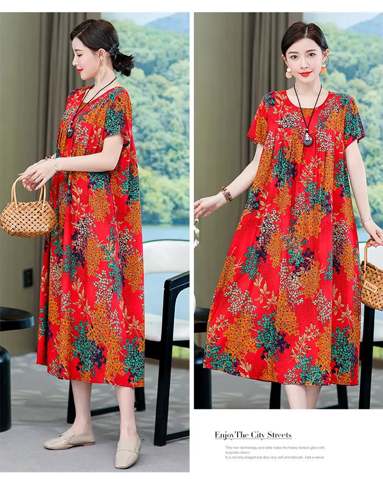 2023 New High-End Floral Cotton Silk Dress Women Summer Elegant Mother Belly Cover Plus Size — feature 17
