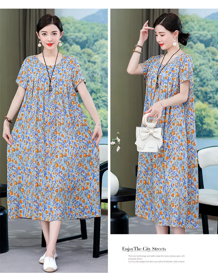 2023 New High-End Floral Cotton Silk Dress Women Summer Elegant Mother Belly Cover Plus Size — feature 18