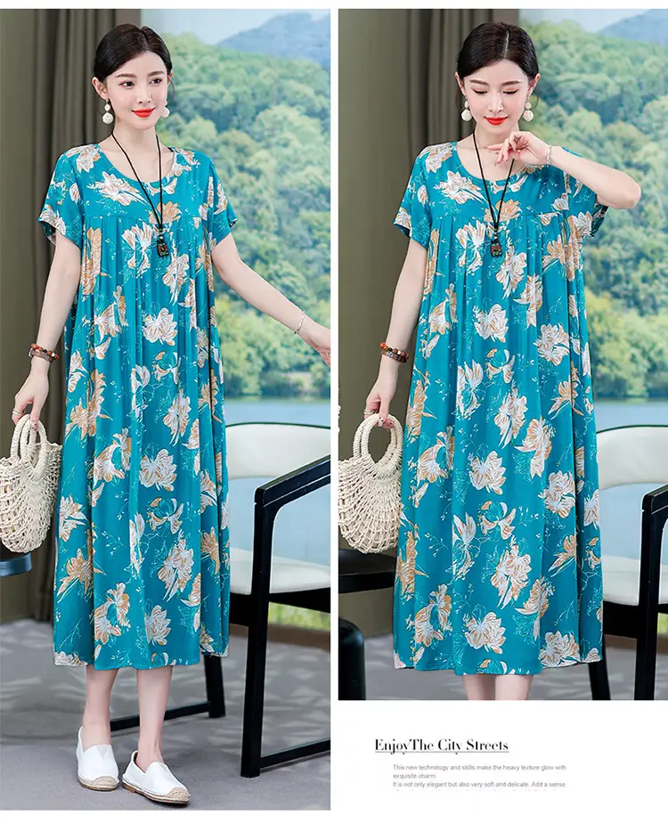 2023 New High-End Floral Cotton Silk Dress Women Summer Elegant Mother Belly Cover Plus Size — feature 19